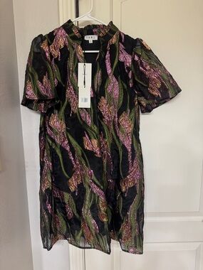 THML Black Mini Dress with Metallic Pink & Green Leaf Motif